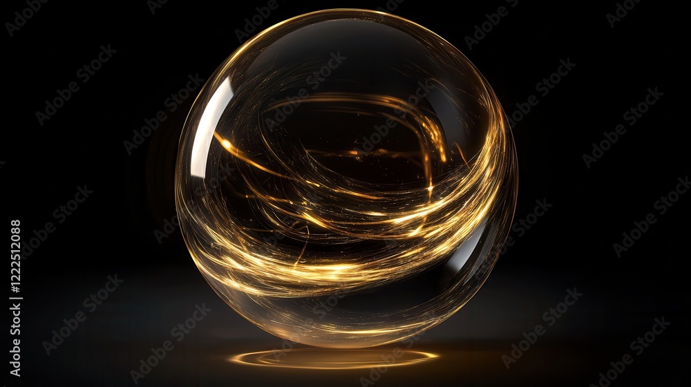 Poster luminous orb golden light trails encapsulated in a clear spherical shell on dark background.