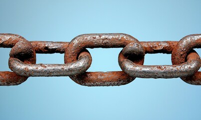 Fototapeta premium Rusty metal chain links close-up on blue background, ideal for concepts of strength, connection, industry