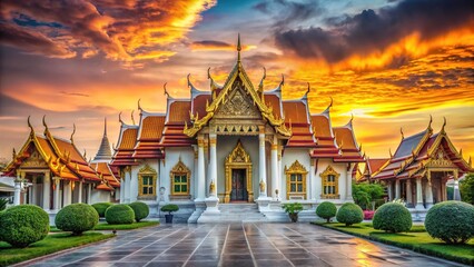 Fototapeta premium Stunning Wat Benchamabophit, Bangkok's artistry captured in documentary photography, elevated by AI art.