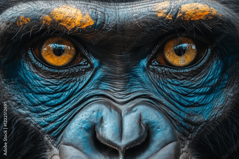 Poster close-up of a chimpanzee's expressive face showcasing vivid eyes and intricate facial features in a 