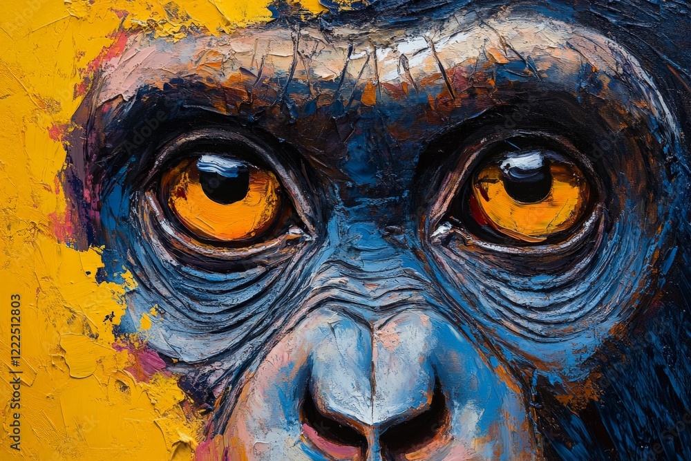 Poster detailed close-up of a colorful artistic depiction of a gorilla's face with striking yellow backgrou