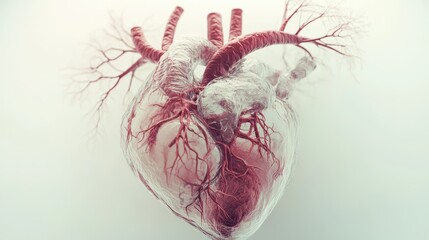Detailed 3D Render of a Human Heart with Arteries and Veins on White Background.