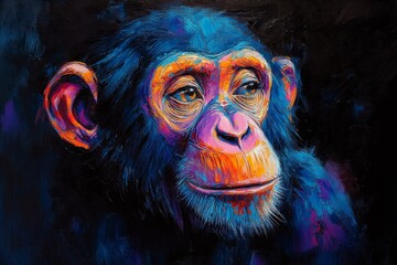 Colorful portrait of a chimpanzee against a dark background showcasing vibrant brushwork and artistic flair