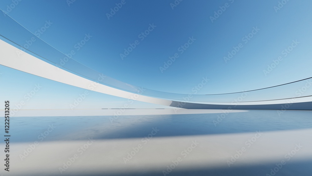 Poster 3d render of abstract modern architecture with empty cement floor, minimal exterior, car presentatio