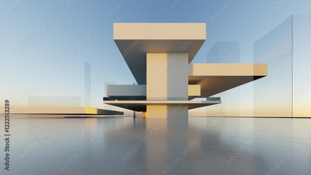 Aufkleber 3d render of abstract modern architecture with empty cement floor, minimal exterior, car presentatio