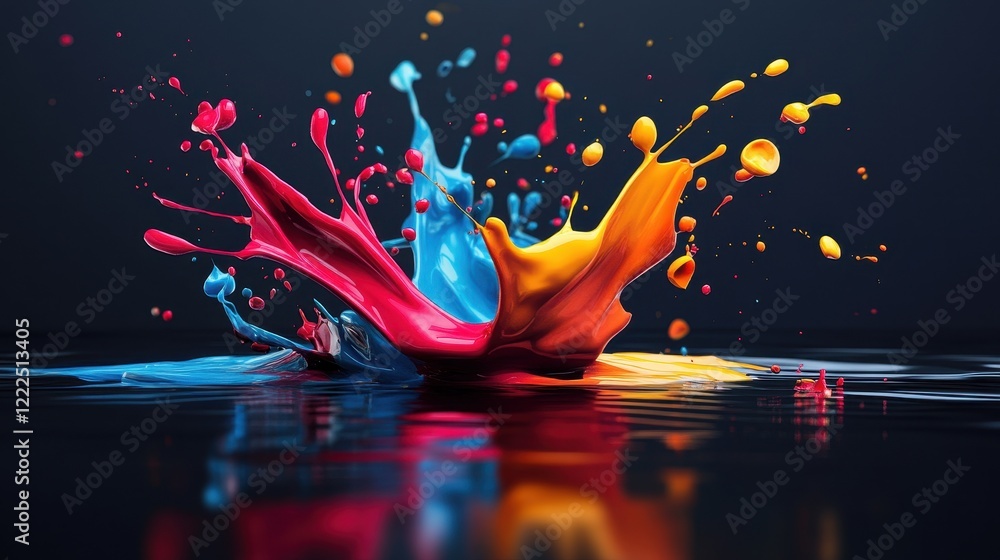 Poster dynamic multi-color paint splash on reflective black surface.