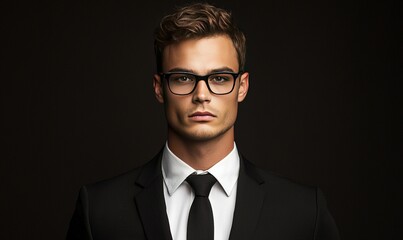 Serious man in suit and glasses on dark background, portrait for business use