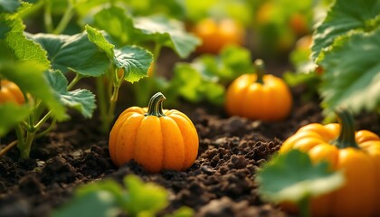 Small Orange Pumpkins Growing In Lush Green Garden Soft Sunlight