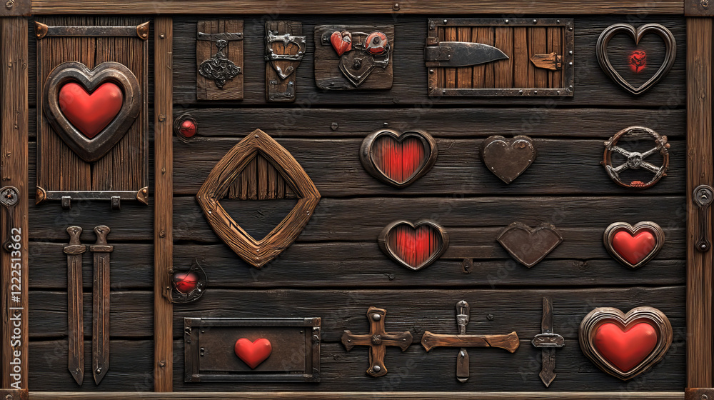 Poster wood ui board frame and life heart slider cartoon. wooden texture button and red progress bar icon s