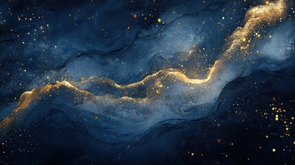 Abstract Midnight Blue and Gold Galaxy Swirls with Glittering Particles, Dynamic Fluid Art Texture.
