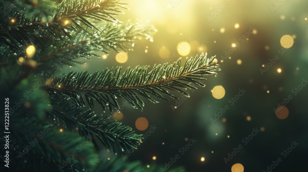 Poster sparkling christmas tree branches with bokeh lights at twilight.