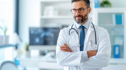 confident doctor in white coat with stethoscope stands in modern medical office, exuding professionalism and care