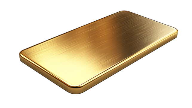 Rectangular gold metal plate with a smooth, polished surface and rounded edges, showcasing a reflective finish on transparent background.