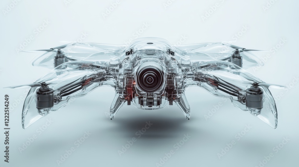 Poster transparent drone with visible internal mechanics, isolated on a light background, close-up view.