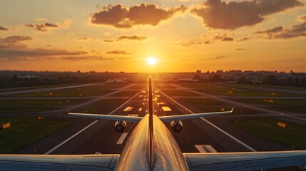 Fototapeta premium Airplane Taking Off at Sunset Over a Busy Airport Runway
