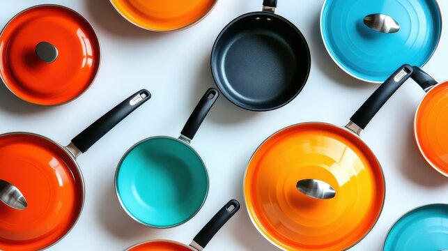 Colorful arrangement of vibrant cookware on a white surface, showcasing modern kitchen essentials