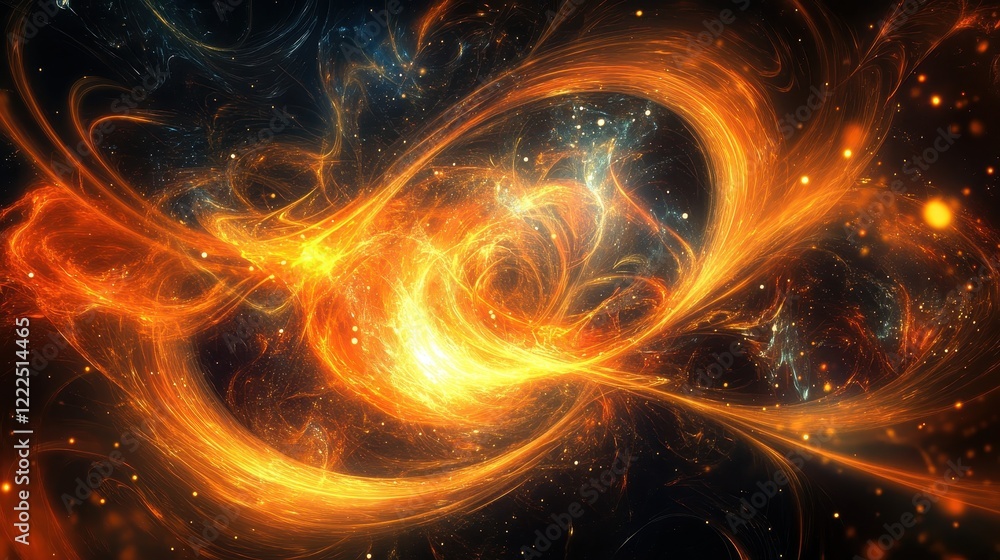 Poster fiery abstract energy flow with cosmic particles in deep space.