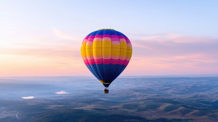 Colorful hot air balloon soaring over sunrise landscape; travel, adventure