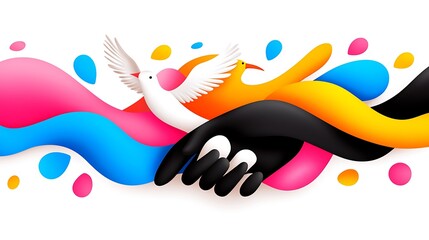Colorful Abstract Illustration of Unity and Peace Hands and Birds in Harmony
