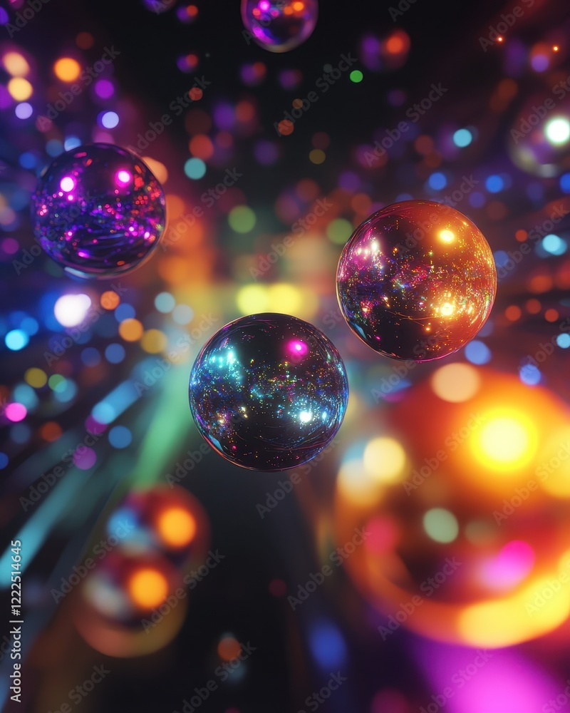 Poster abstract spheres of light sparkling orbs floating in a bokeh-filled space.
