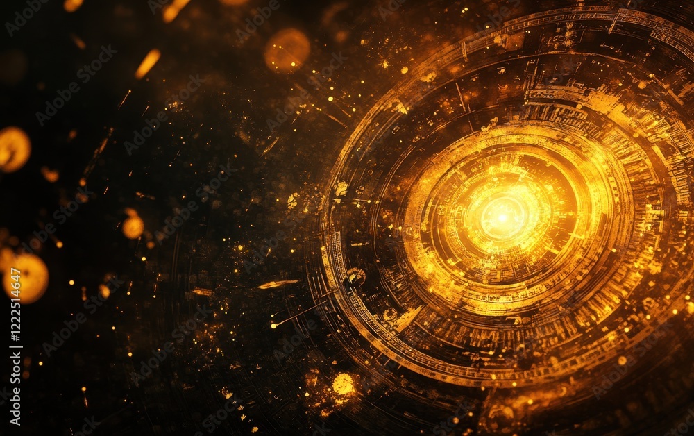 Poster abstract golden circular technology background with glowing center and bokeh effects.