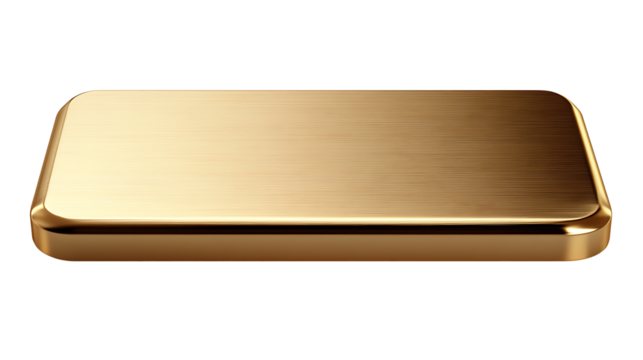 Rectangular gold metal plate rotate type with rounded edges, showcasing a reflective finish on transparent background.