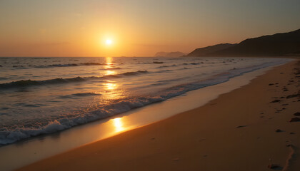 Obraz premium Golden Sunset Serenity: Gentle Waves Kissing a Sandy Shore at Twilight