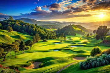 Breathtaking golf course vistas: emerald fairways, gleaming clubs, strategic bunkers, and majestic scenery.