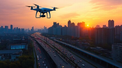 A drone flies above a busy city highway at sunset, capturing the fast-paced traffic and urban skyline bathed in golden light