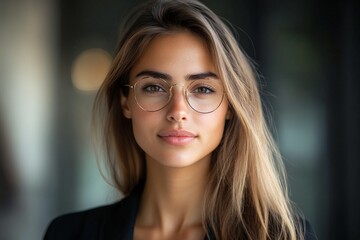 Obraz premium Young woman with glasses poses confidently in an urban environment during the late afternoon