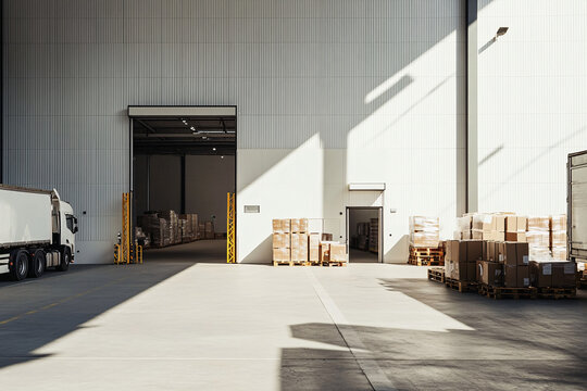 Large warehouse exterior with delivery trucks and stacked pallets sunlight casting long shadows on concrete emphasizing industrial setting
