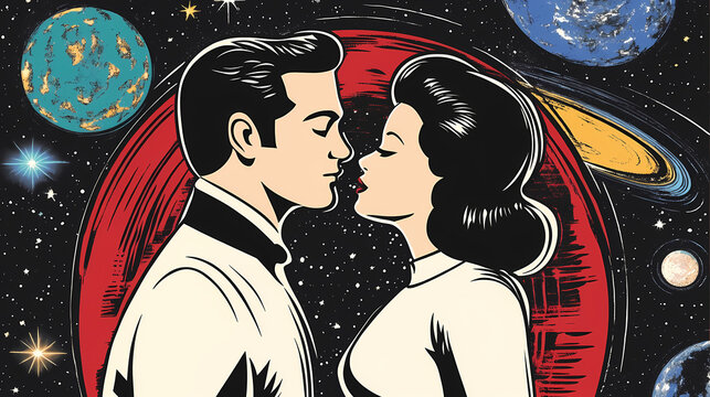 Amor C&oacute;smico: Pareja Bes&aacute;ndose con Universo de Fondo