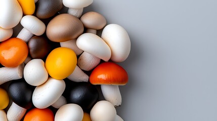 Colorful Assortment of Mushrooms on a Grey Background