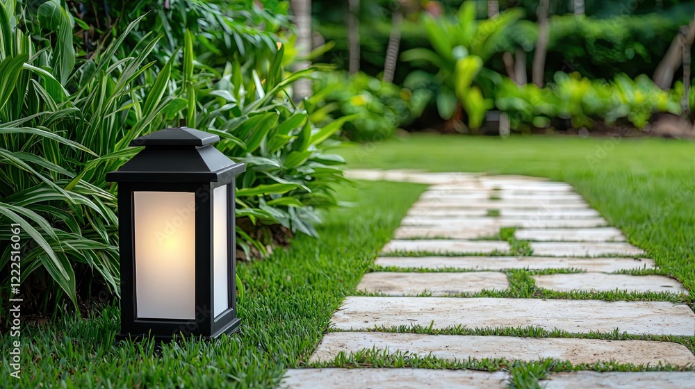 Poster gardening landscaping concept. a charming garden path illuminated by a lantern, surrounded by lush g