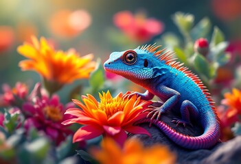 Vibrant Blue Lizard in Colorful Flowers Garden
