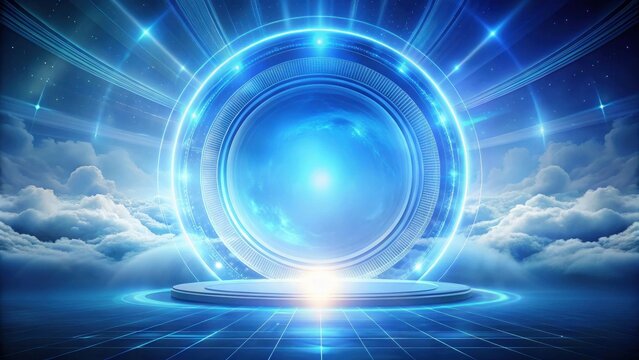 Futuristic portal scene with glowing circular interface and elevated platform above a gridded floor, set against a backdrop of dreamy clouds and a starlit sky.