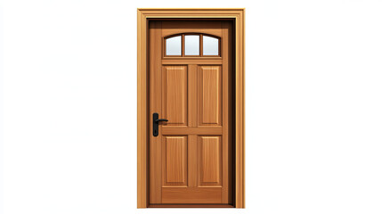 Obraz premium Set of closed wooden doors isolated on white background. Vector realistic illustration of modern doorway with dark brown wood texture, glass decoration, black metal doorknob, interior design element