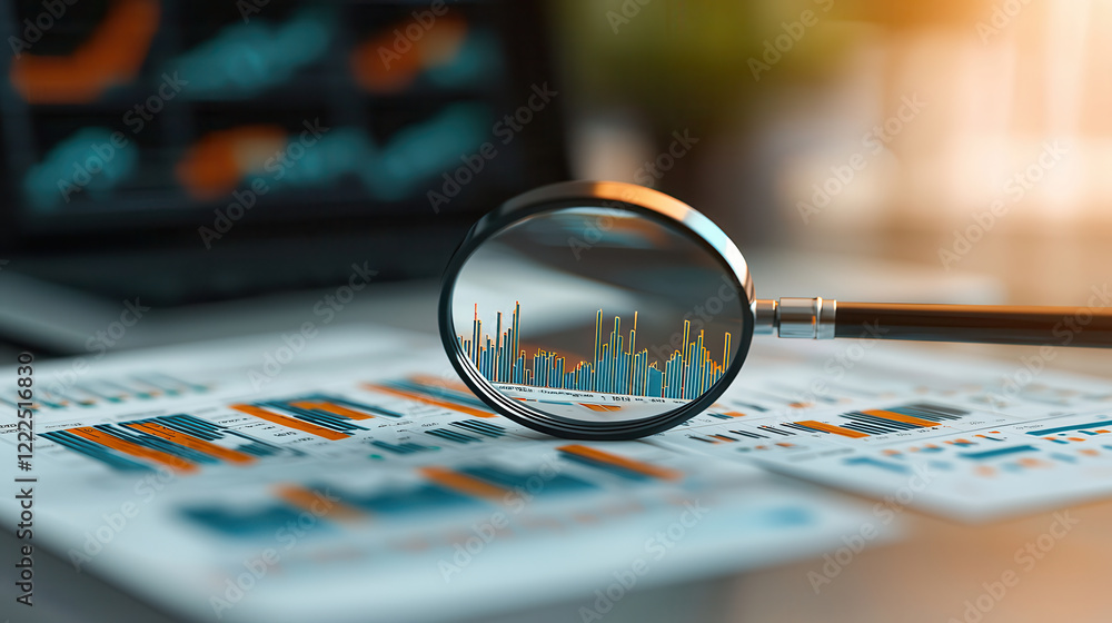 Poster high resolution image of magnifying glass focusing on colorful data charts and graphs, symbolizing a
