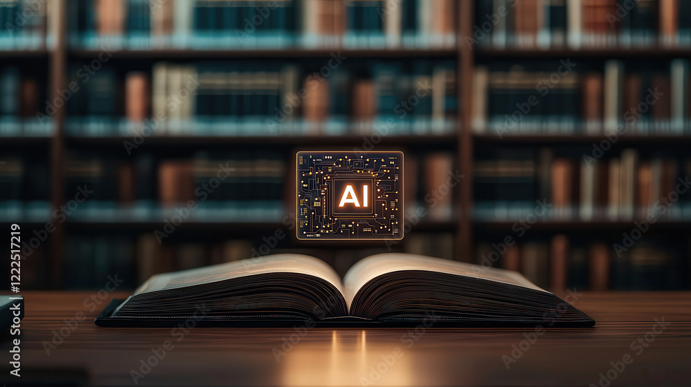 Leinwandbilder large open book lies on wooden table, with ai symbol hovering above it, set against backdrop of book