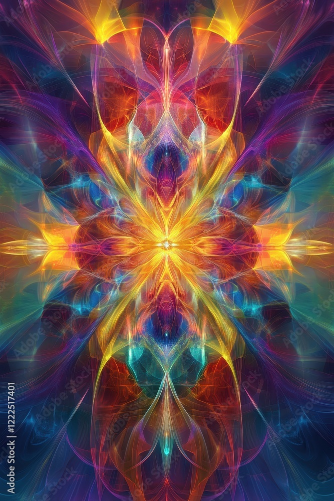 Poster symmetrical abstract fractal art vibrant glowing colors and intricate patterns.