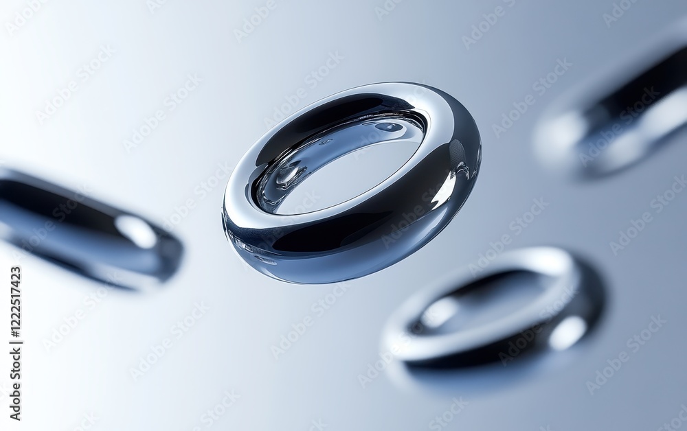 Poster abstract floating chrome rings on gradient background.
