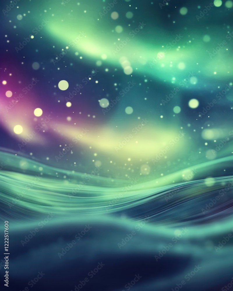Poster dreamy abstract aurora borealis with flowing cosmic energy and bokeh effect.
