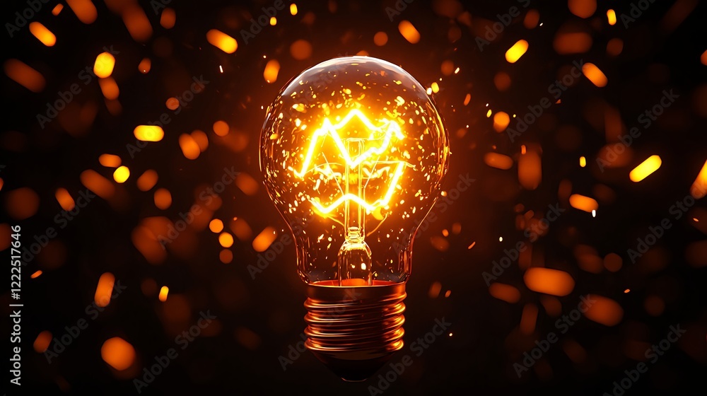 Poster glowing light bulb surrounded by sparkling particles in dark background