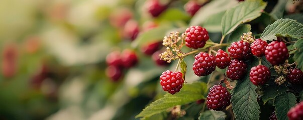 Gardening landscaping concept. Fresh ripe blackberries growing on lush green bushes in nature.