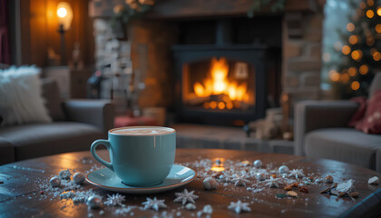 Cozy Christmas Morning: Hot Cocoa by the Fireplace with a View of the Snowy Outdoors