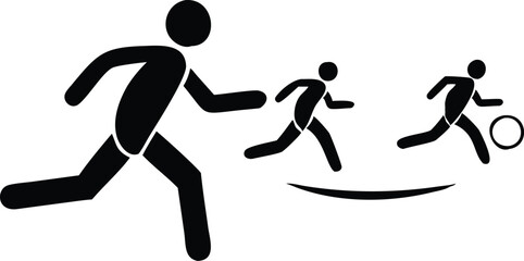 Simple stick figure runners, minimalist clock icon, black and white graphic, athletic symbol, time management concept, race against time, marathon pictogram, stylized sports illustration, fitness icon