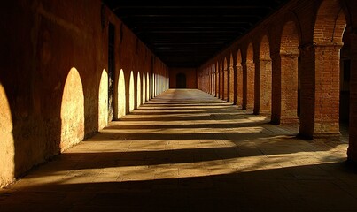 Sunlit arches cast long shadows in empty historic hallway, perfect for architectural studies