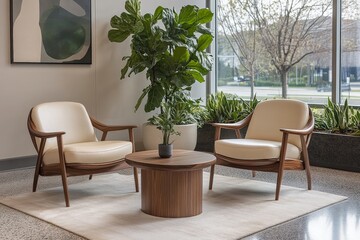 Cozy seating area with modern chairs and indoor plants in a bright office space during daylight hours