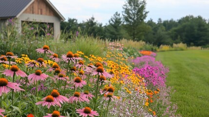 Obraz premium Green spaces gardening concept. A vibrant garden filled with colorful flowers and lush greenery, perfect for nature lovers.