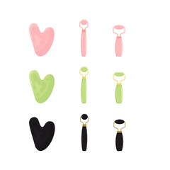 Guasha massage scraping. Roller for Face and Gua Sha Massage. Pink rose, green and black quartz stone roller and Scraping Plate Kit. Anti-Aging Beauty Skincare Tool. Vector illustration.